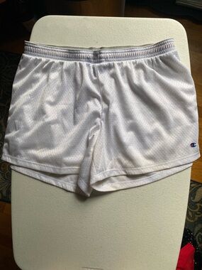 Champion White Mesh Shorts with Navy and Red Trim